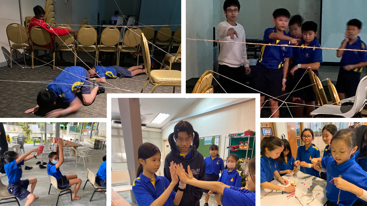 Five photos of children in blue uniforms doing team activities: crawling under string webs, high-fiving, and crafting.