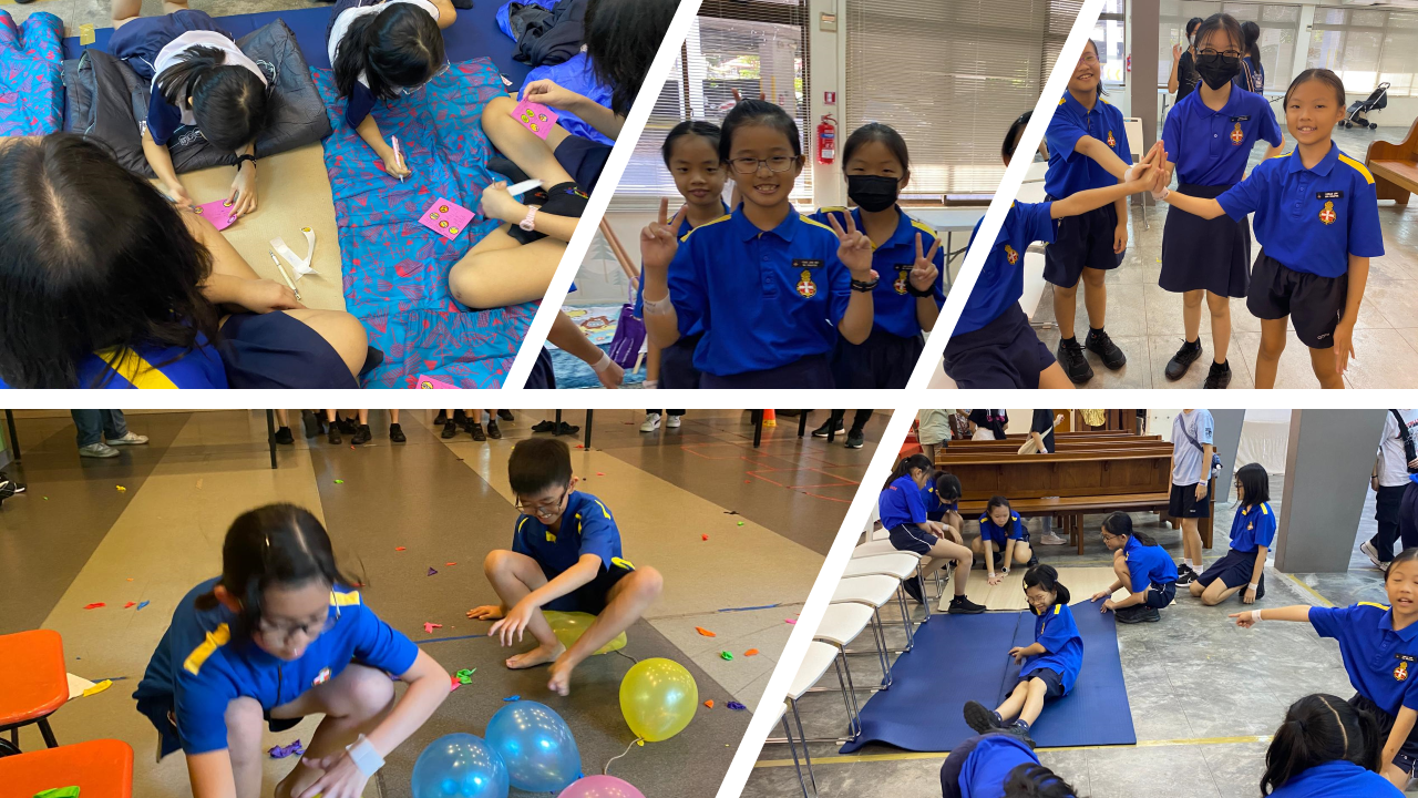 Five photos of children in blue uniforms doing activities: crafts, posing, playing with balloons, and group exercises.