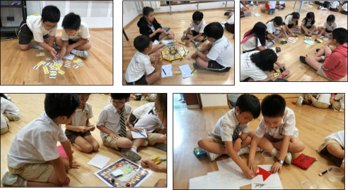 Five photos of children in school uniforms sitting on wooden floors, playing board games and drawing together.