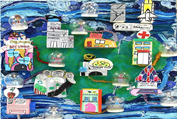 Colorful children's art collage featuring snow globes, hand-drawn buildings, a space shuttle, and Singapore landmarks on a blue background.