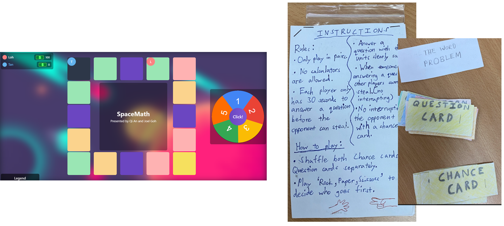 SpaceMath board game shown digitally with a spinner, beside handwritten instructions and labeled question and chance cards.