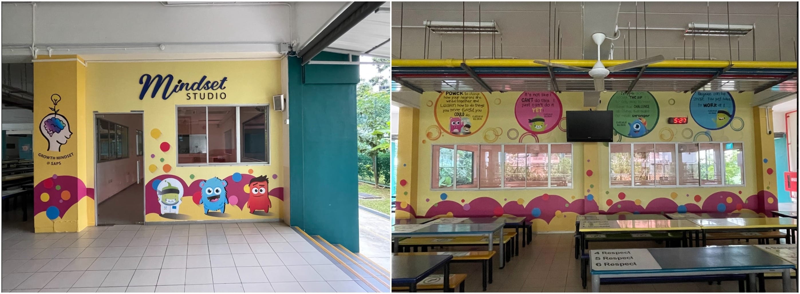 Colorful school Mindset Studio exterior and interior with cartoon monster murals, motivational quotes, and benched seating area.