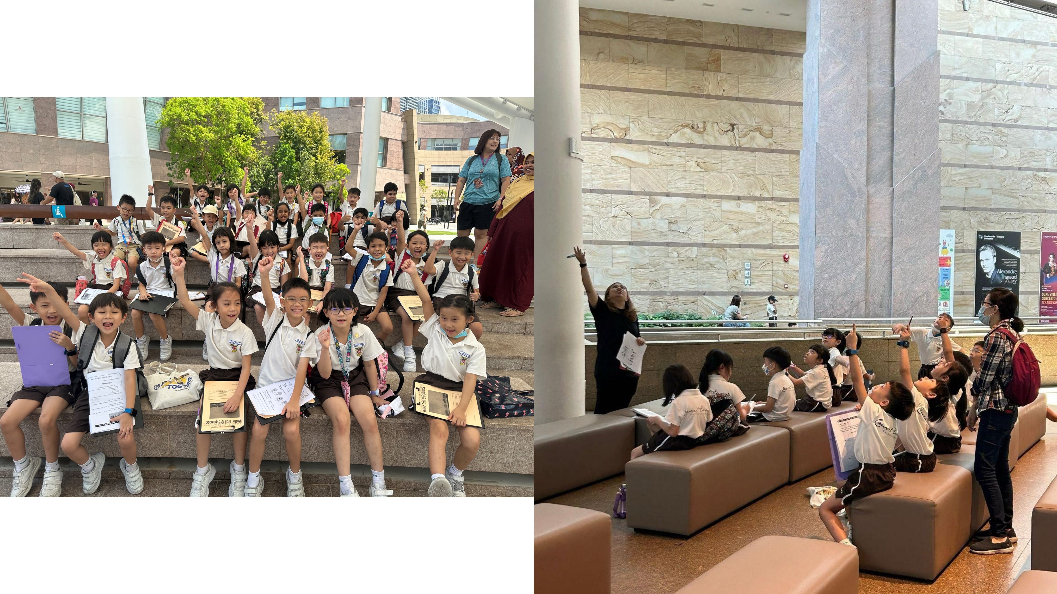 Young students in uniforms pose cheering on outdoor steps, and sit indoors looking up at a tall marble-walled building interior.