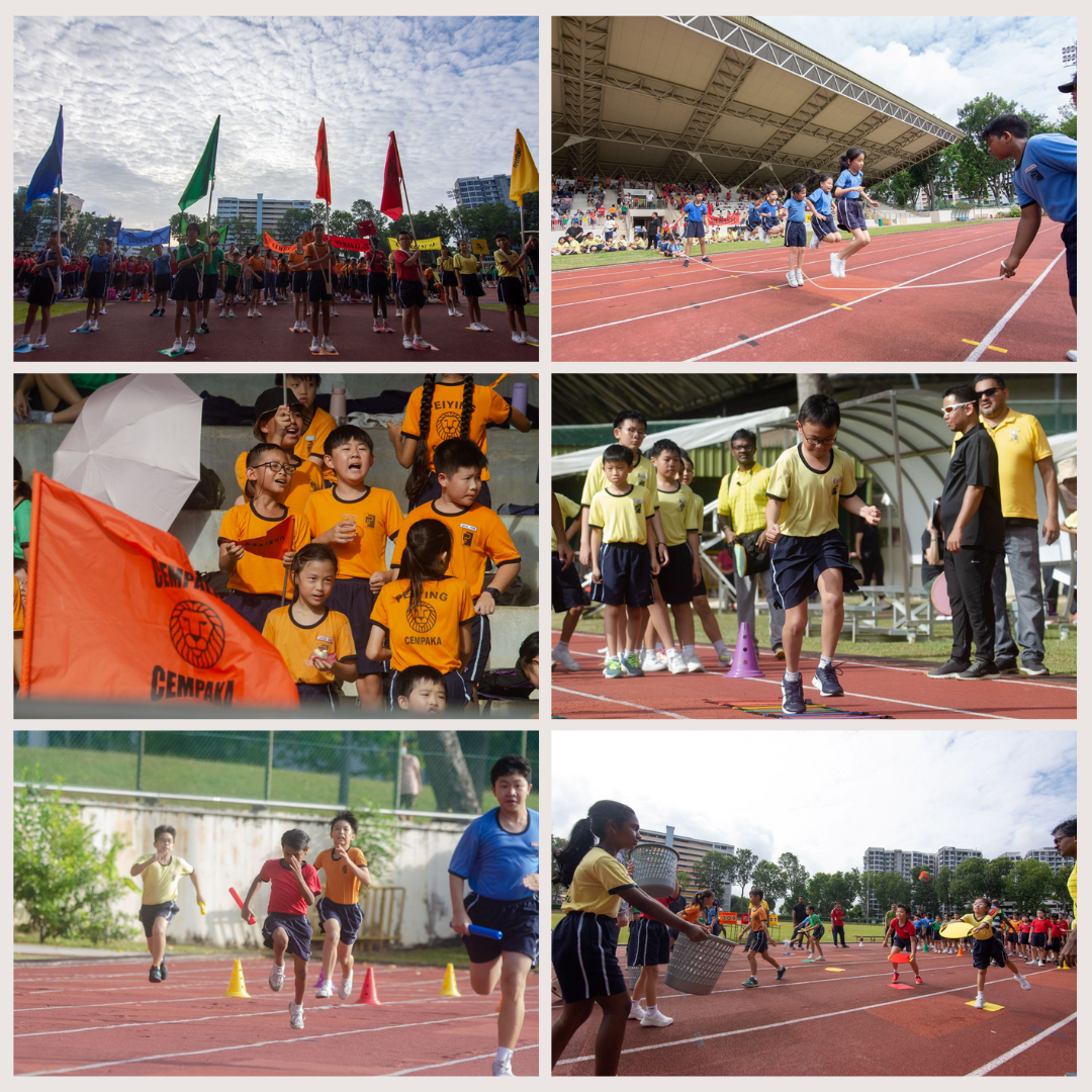 Six-panel collage of a school sports day with children racing, cheering, skipping, and carrying batons on a red track.