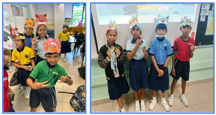 Two groups of young students wearing colorful paper animal headbands pose and smile in a classroom.