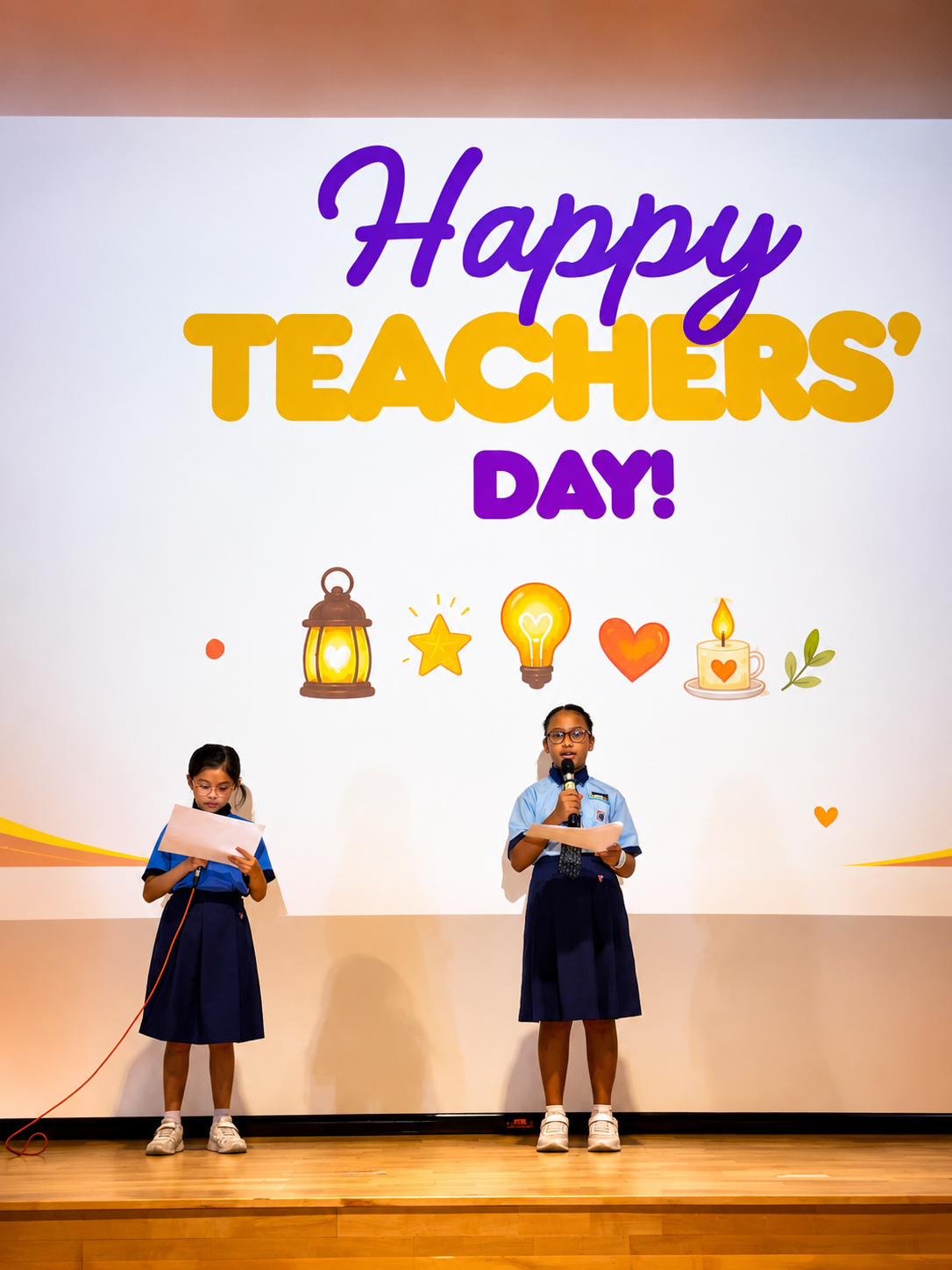 Teachers’ Day poster featuring two student hosts.