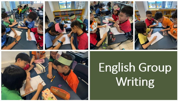 Young students sit at tables writing together in a classroom, with text reading English Group Writing.