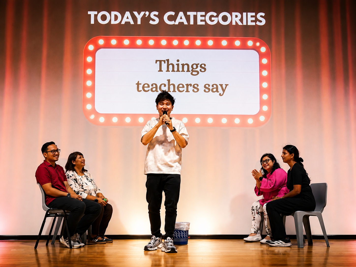 Students participating in a category-based stage game.