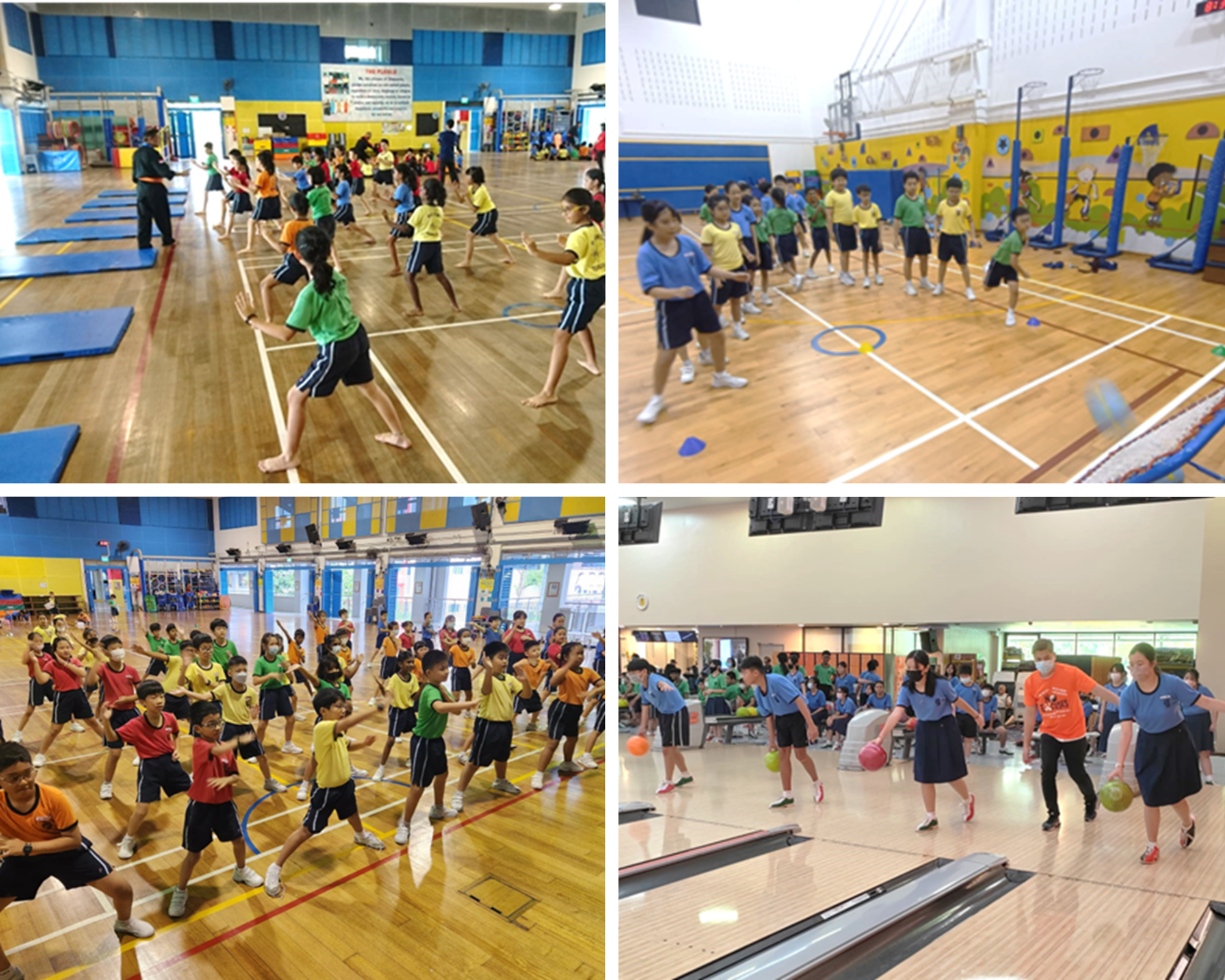 Collage of students in a gym doing drills and group exercises, plus a bowling alley scene with kids bowling.