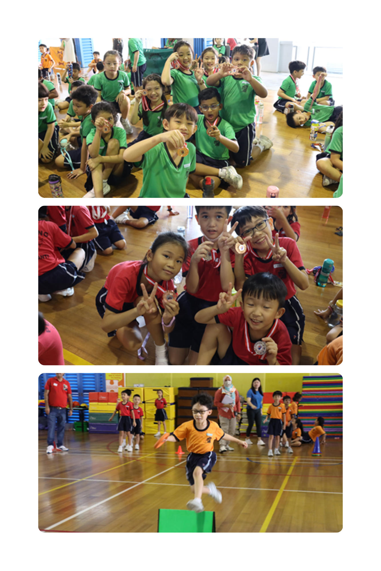 Three photos of kids in green and red uniforms showing medals and a boy running in a school gym.