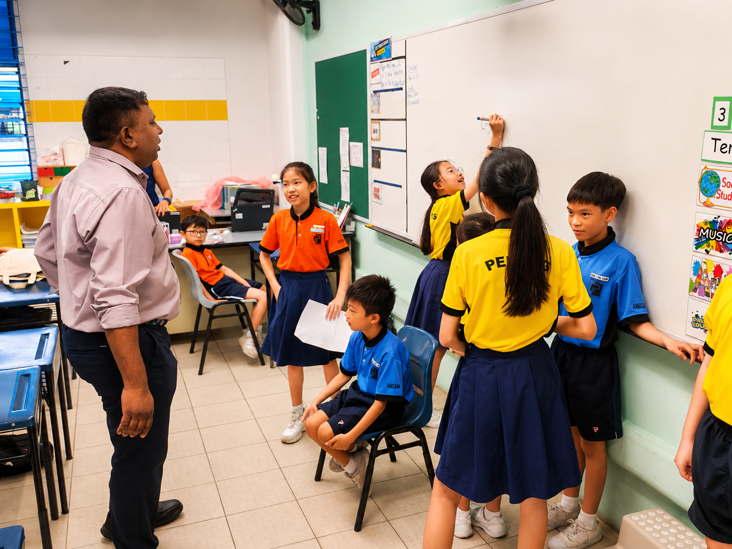 Students and teachers interacting during a classroom session.