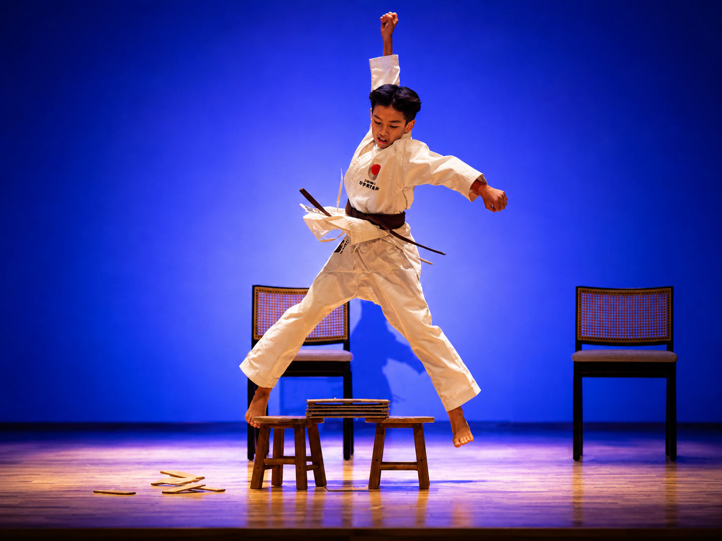 Student performing a theatrical scene on stage.