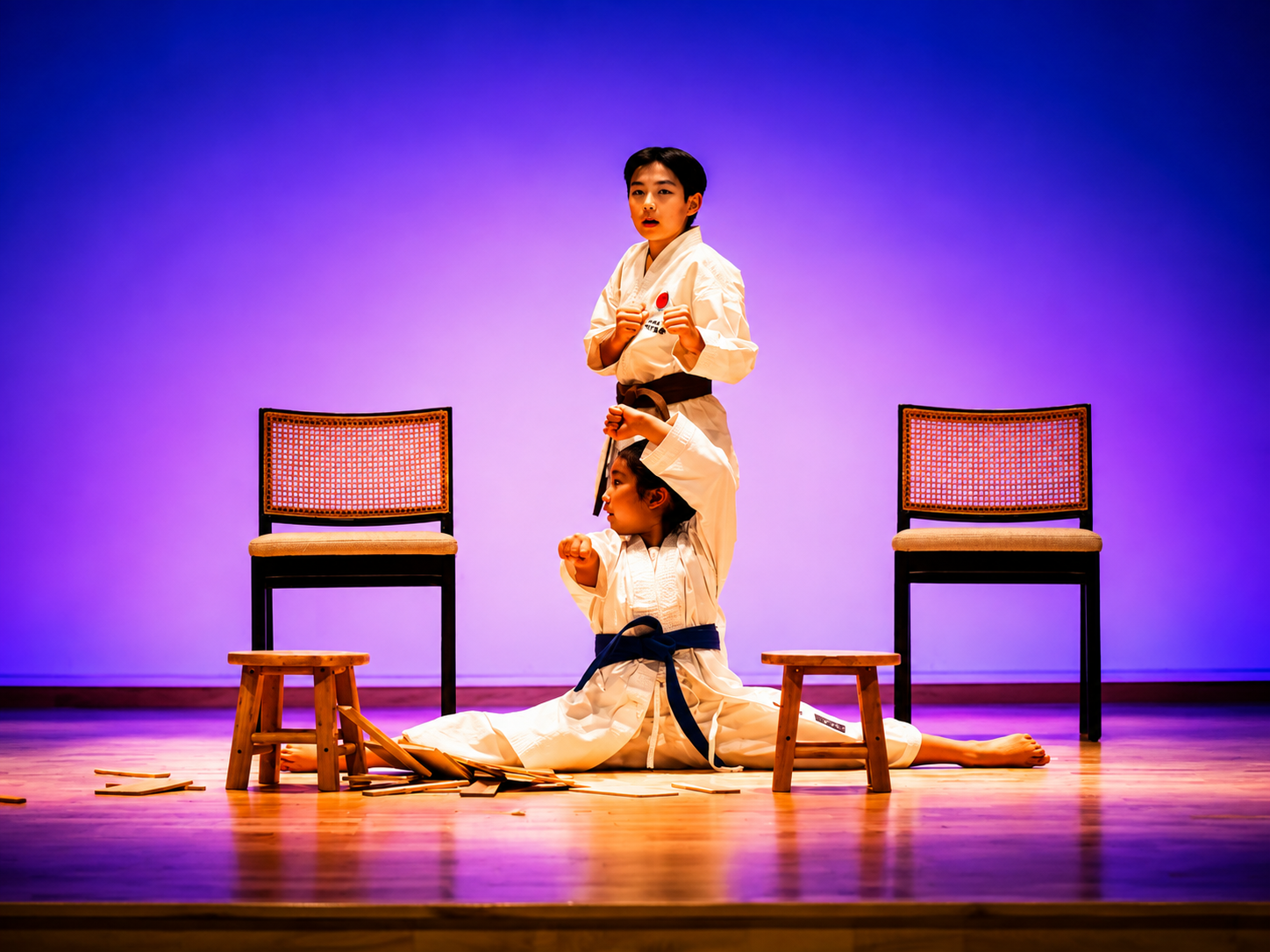 Student performing a dramatic solo act beside chairs.