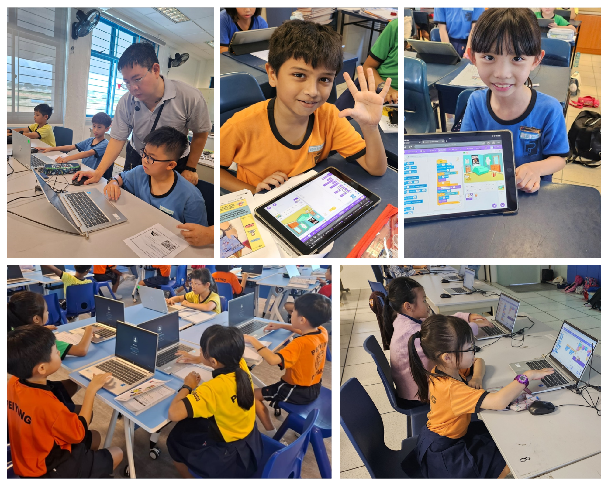 Collage of classroom coding: teacher helps at laptops; kids smile and show tablets with block-code projects.