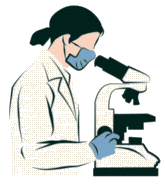 This is the alt textA scientist wearing a lab coat, gloves, and mask looks through a microscope.