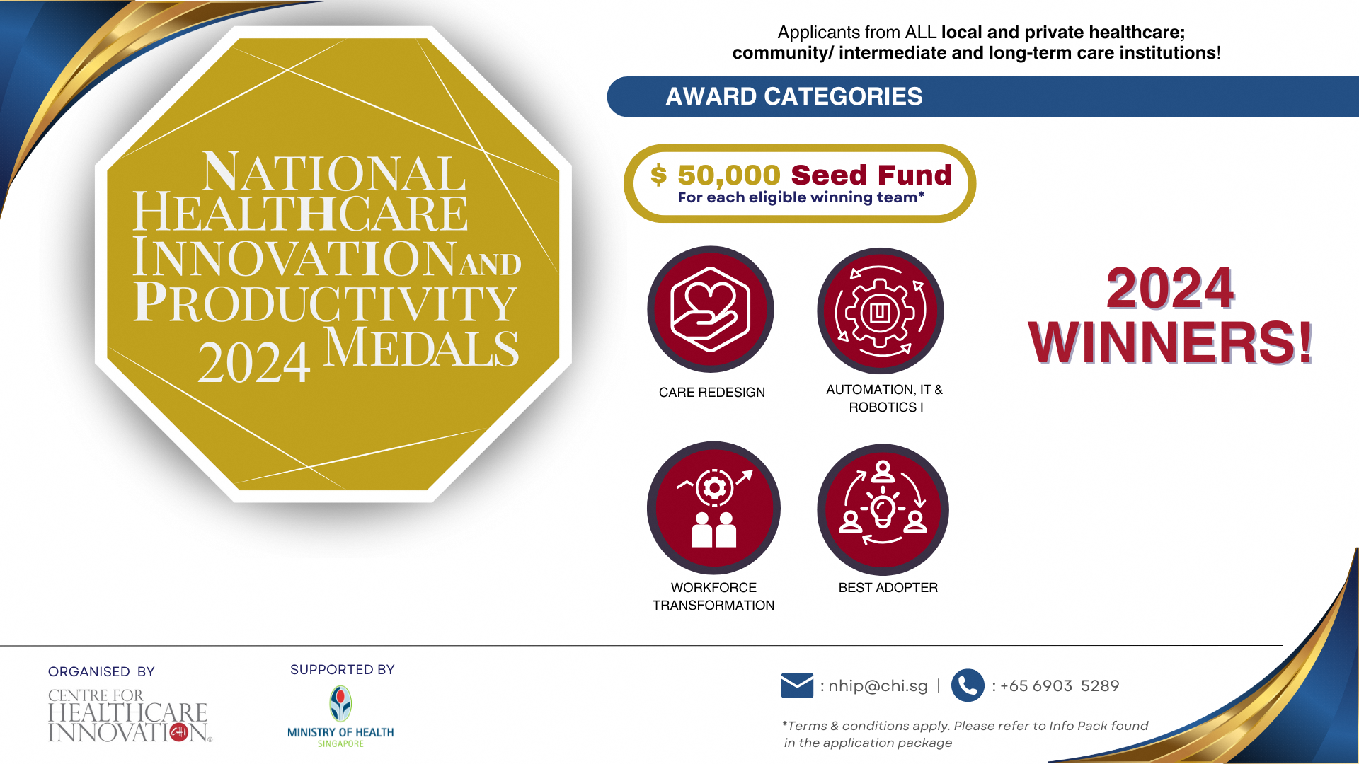 Promotional banner for the National Healthcare Innovation and Productivity 2024 Medals with award categories and a $50,000 seed fund.