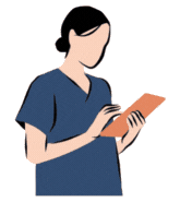 Illustration of a nurse in blue scrubs writing on a clipboard.