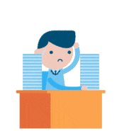 Cartoon boy in blue shirt sitting at an orange desk, looking sad with hand raised to his head.