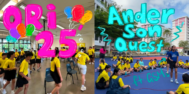 Students in yellow uniforms participate in two activities labeled ORI 25 indoors and Anderson Quest outdoors.
