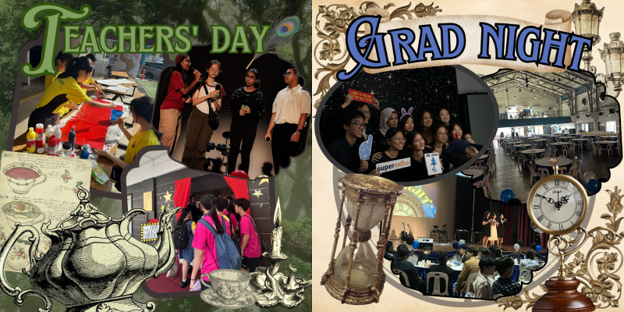 Two event collages side by side: Teachers' Day with students and teachers, and Grad Night with group photos and a ceremony.