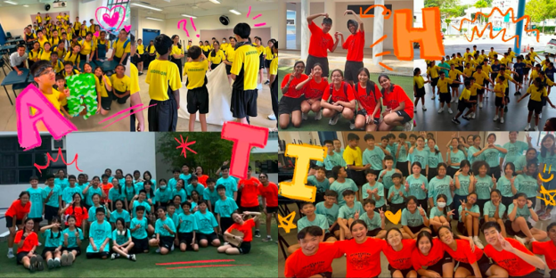 Four group photos of students in matching yellow, red, and teal shirts with colorful letter overlays spelling "ATHI".