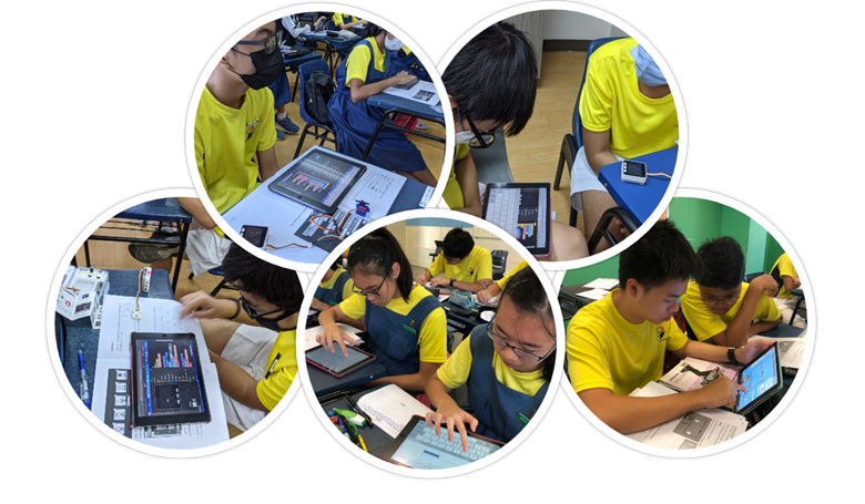 Five circular photos show students in yellow shirts working on tablets and laptops in a classroom setting.