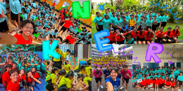 Four collaged photos of large student groups in colorful uniforms outdoors and indoors, with letters N, K, E, R overlaid.