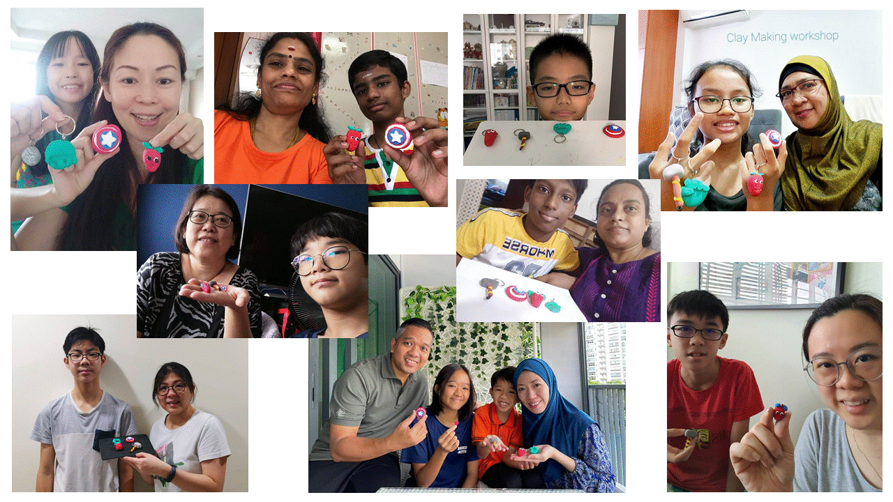 Collage of families smiling and holding colorful clay keychains made during a clay making workshop.