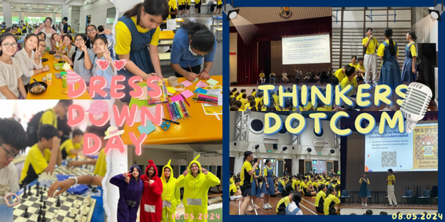 Students in yellow uniforms at a school event collage labeled Dress Down Day and Thinkers Dotcom on 08.05.2024.