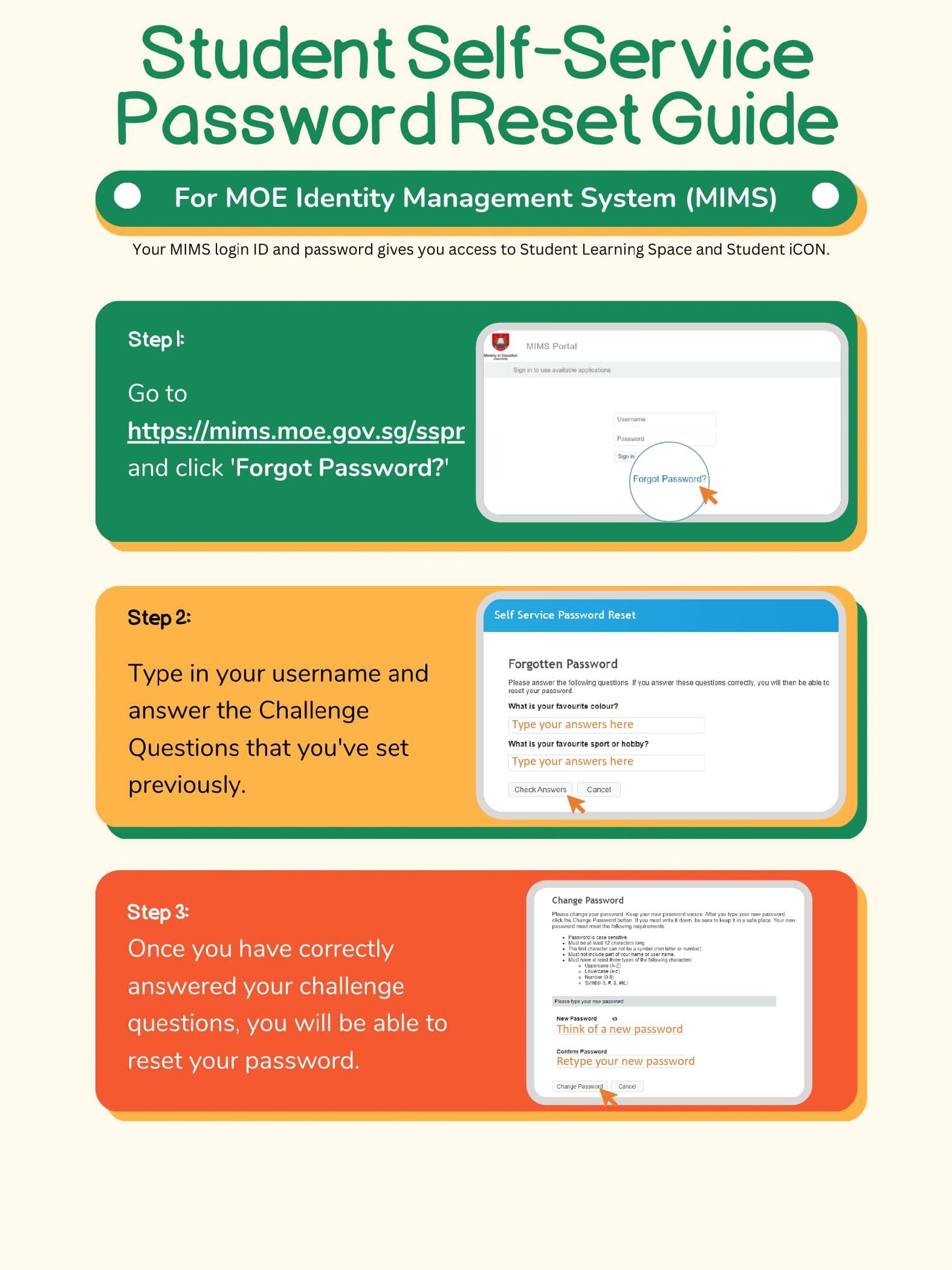 Three-step guide for MOE MIMS student self-service password reset, showing portal screenshots for each step.