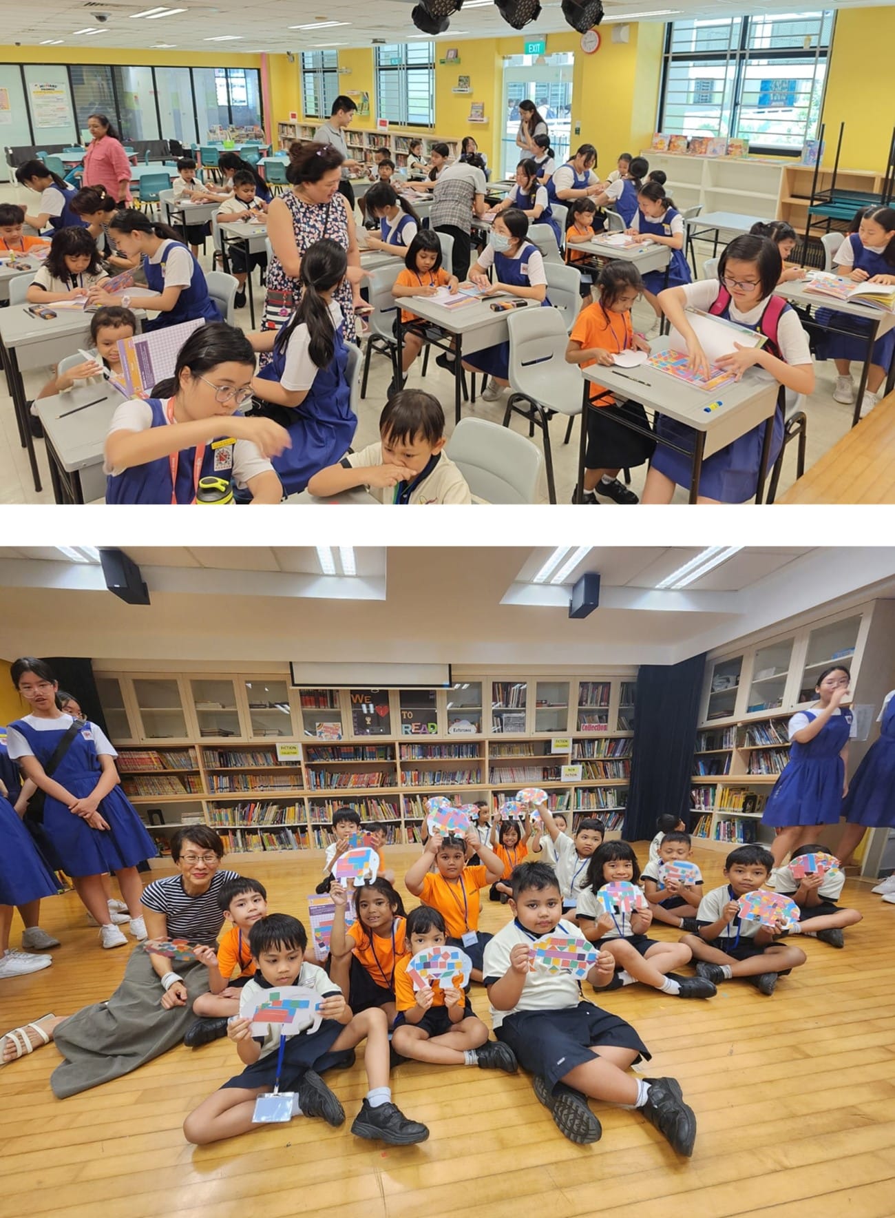 Students in blue uniforms work on crafts in a library, then pose holding colorful paper elephant cutouts.