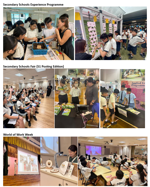 Students in school uniforms participate in educational programs, fairs, and workshops across multiple grouped photos.
