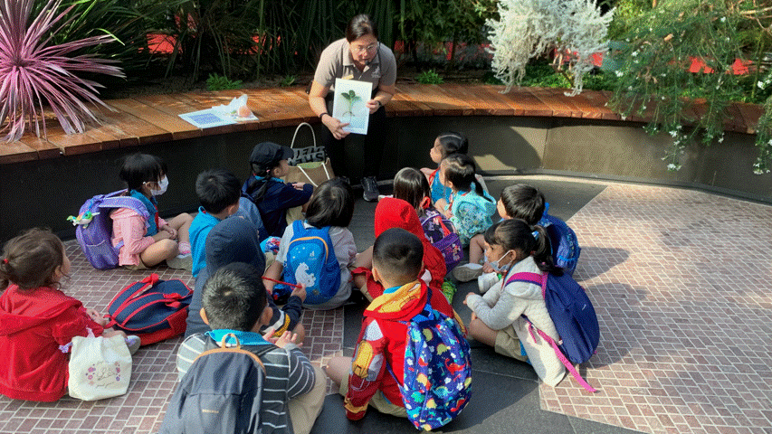 A teacher holds up a book showing a plant to a group of young children sitting outdoors with backpacks.