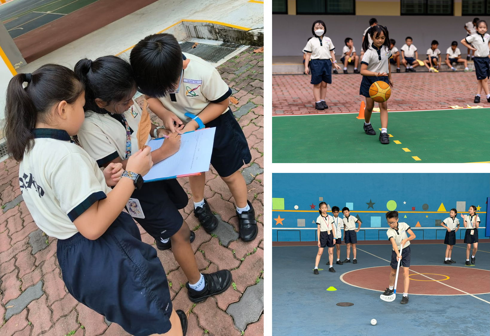 Collage of schoolkids: three write on a clipboard; one dribbles a basketball; one swings a floorball stick.
