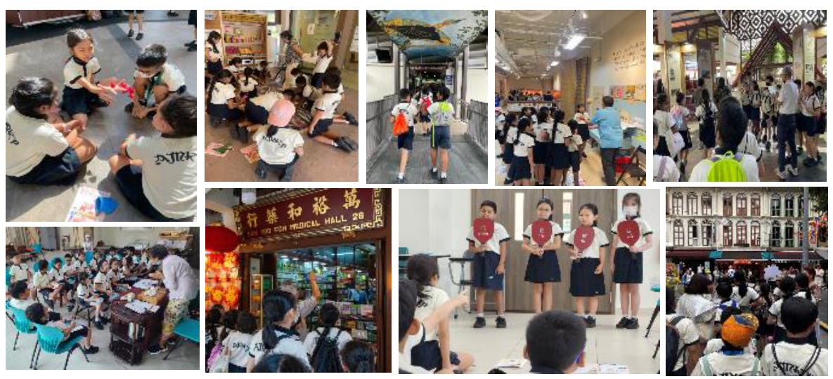 A collage of school children in uniforms on a field trip, sitting, walking, and presenting indoors and outdoors.