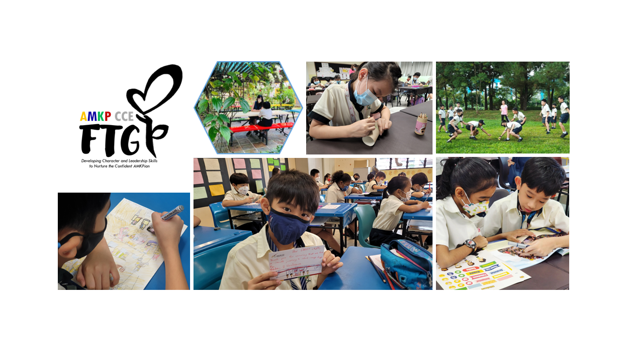Collage of masked primary school students doing classroom activities and outdoor play, with AMKP CCE FTGP branding.
