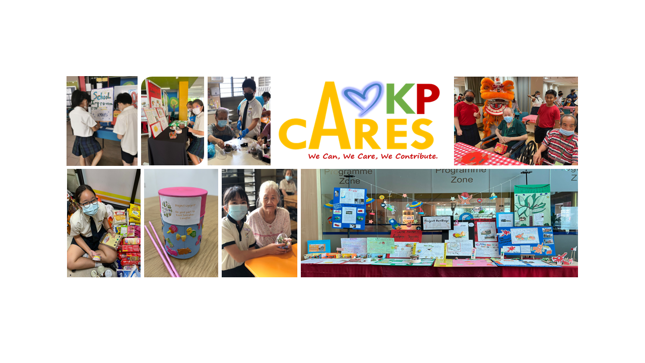 Collage of students doing community service activities under the AKP Cares motto We Can, We Care, We Contribute.
