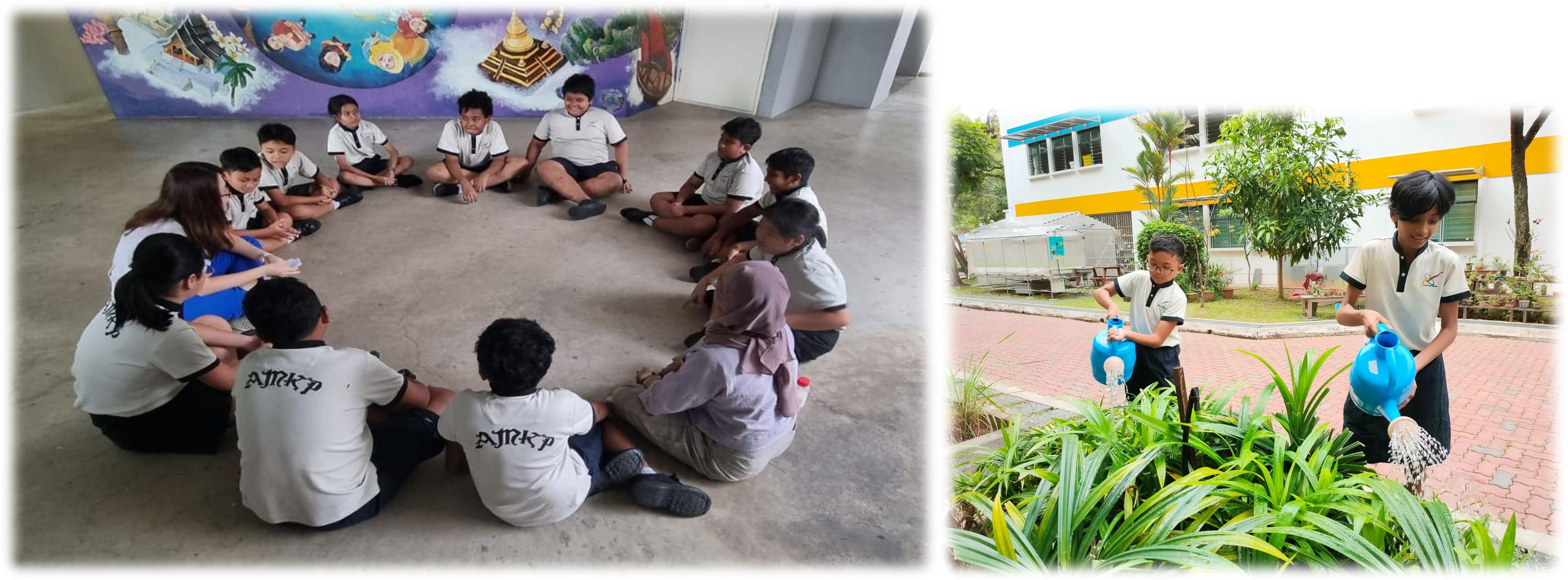 Students sit in a circle indoors while two other students water plants with blue watering cans outside.