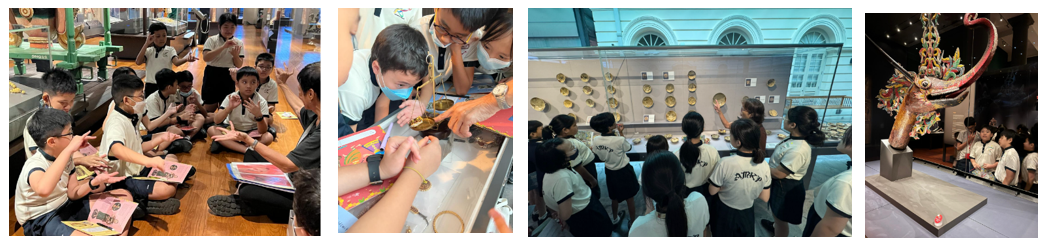 Students in uniforms explore a museum, sitting on floors, examining displays, and viewing artifacts including golden objects and a decorative sculpture.