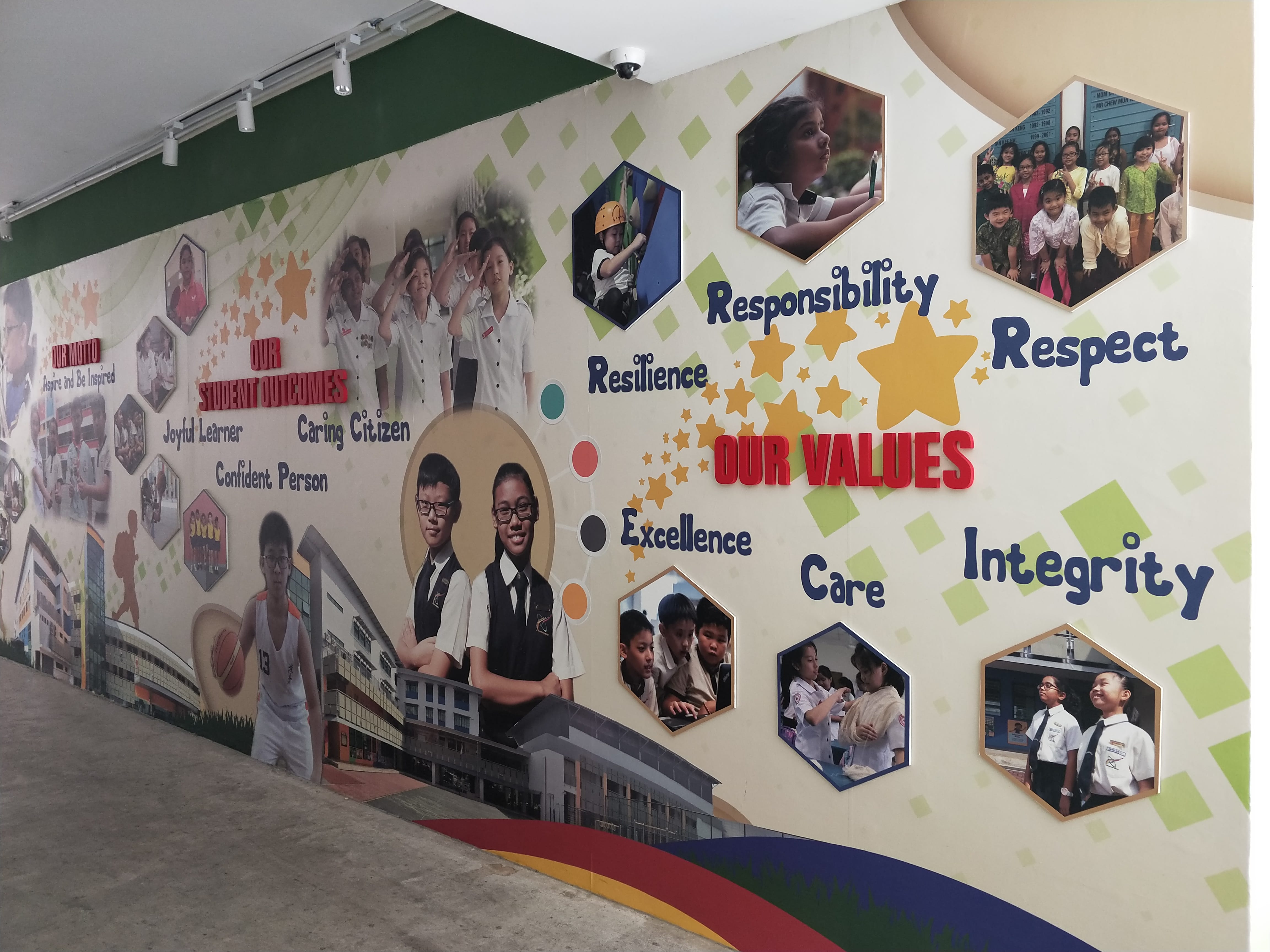 A school wall mural showing student photos and text listing values like Respect, Integrity, Care, Resilience, and Excellence.