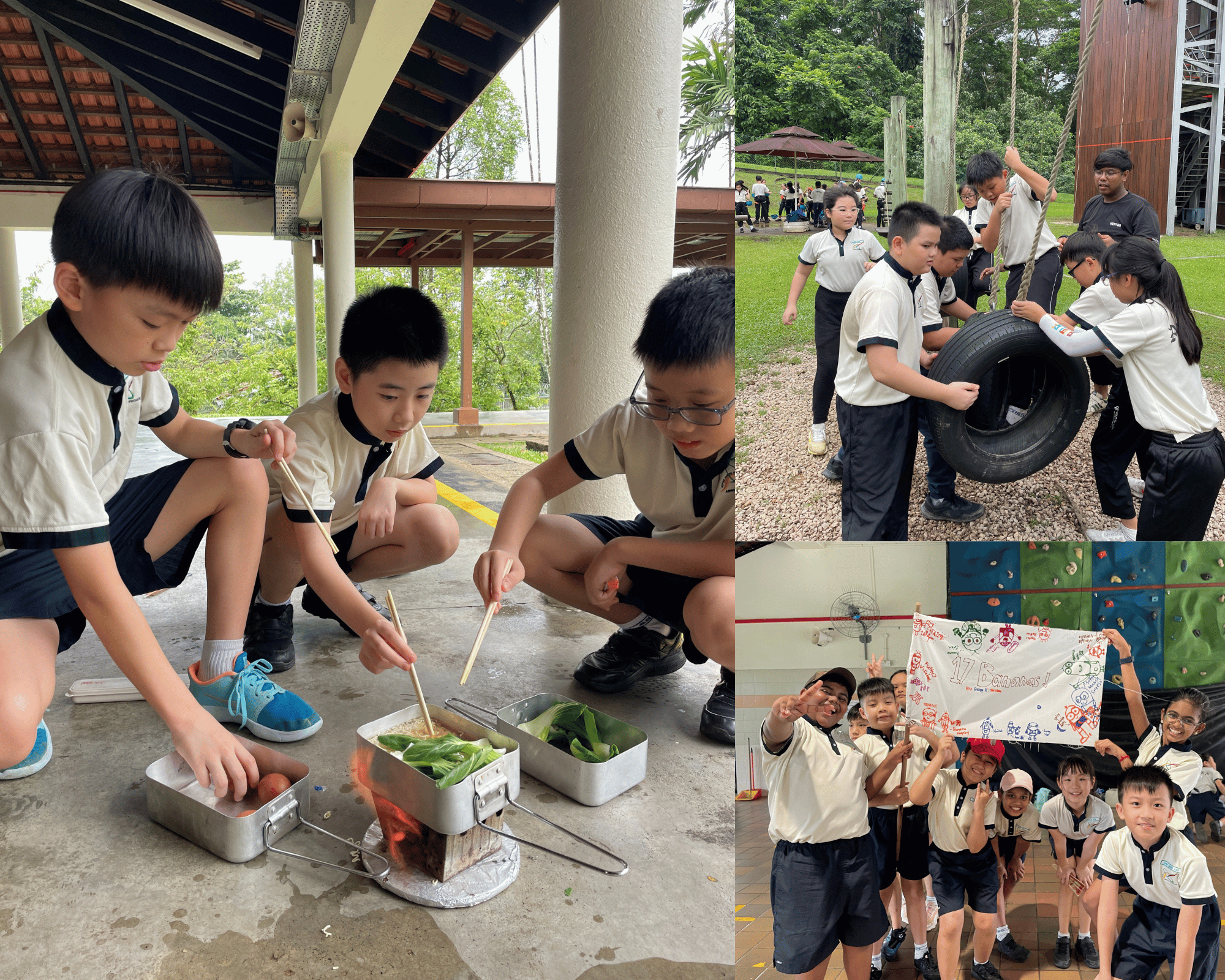 Three scenes of school children in uniform cooking outdoors, doing a tire rope challenge, and posing with a banner indoors.