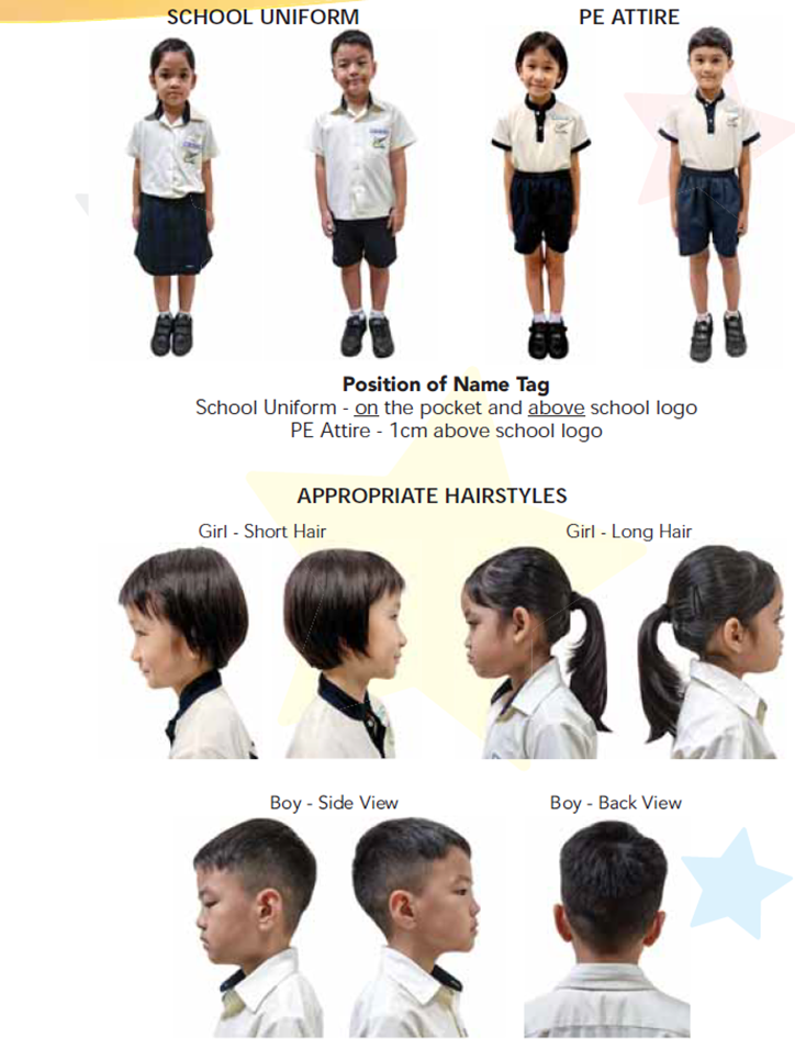 Chart showing school uniform, PE attire, and appropriate hairstyles for boys and girls with labeled examples.
