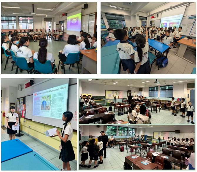 Four classroom scenes showing uniformed students attending lessons and presentations with projected screens.