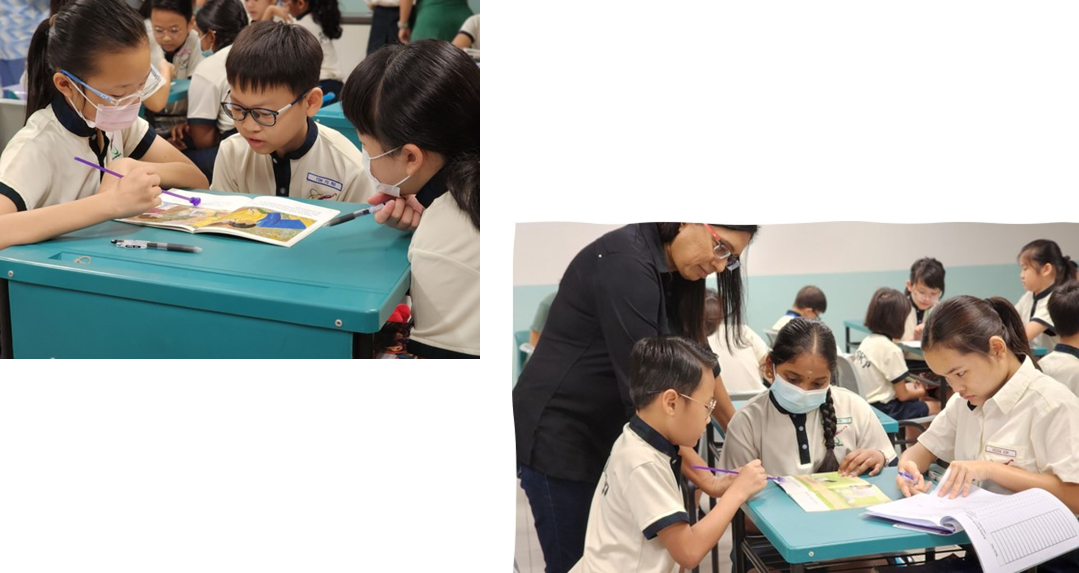 Two classroom photos show a teacher helping young students in uniforms work on books at teal desks.