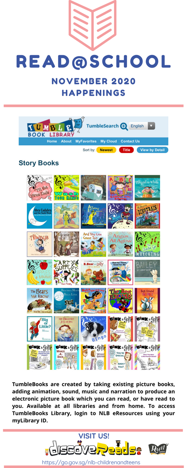 Read@School November 2020 flyer showing TumbleBooks Library story book covers and access instructions.