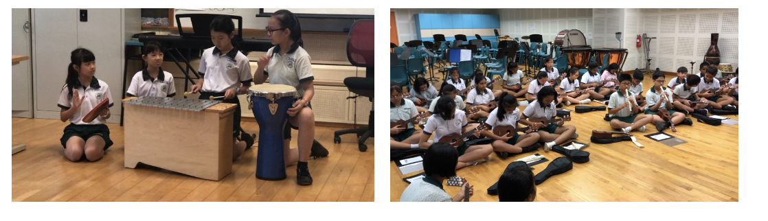 Students in school uniforms play instruments; left shows four with drums and xylophone, right shows a large group with ukuleles.