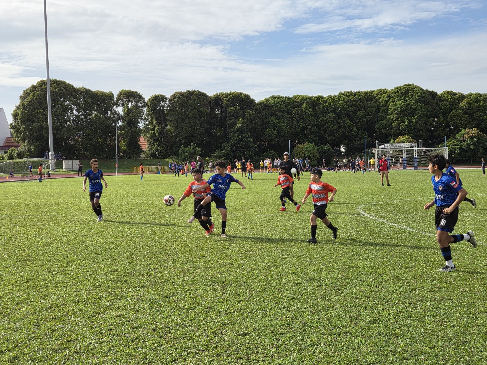 Young boys in blue and orange jerseys compete for a soccer ball on a green turf field with trees and a goal behind.