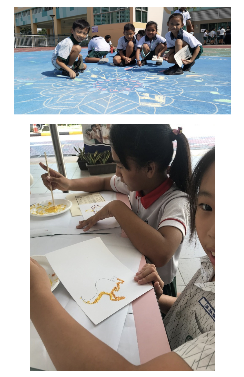 Two photos of school children doing art: drawing chalk mandalas on a blue floor, and creating art with chopsticks on paper.