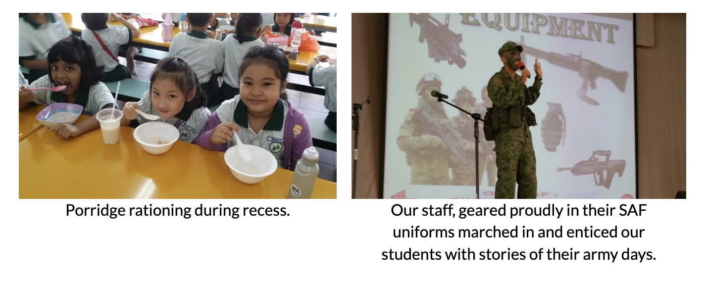 Three girls eat porridge at a school canteen; a soldier in camouflage speaks at a podium before a military equipment slide.