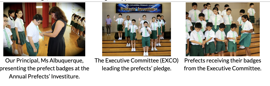 Three scenes from a school prefects investiture ceremony showing badge pinning, pledge-taking, and students in uniform.